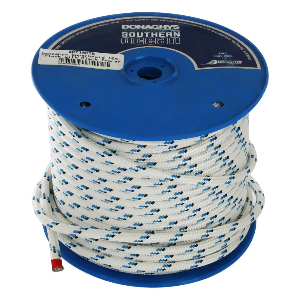 Donaghys High Performance Superbraid Yacht Braid 10mm X 1m White/Blue Fleck With Black Tracer 3 Donaghys High Performance Superbraid Yacht Braid 10mm X 1m White/Blue Fleck With Black Tracer